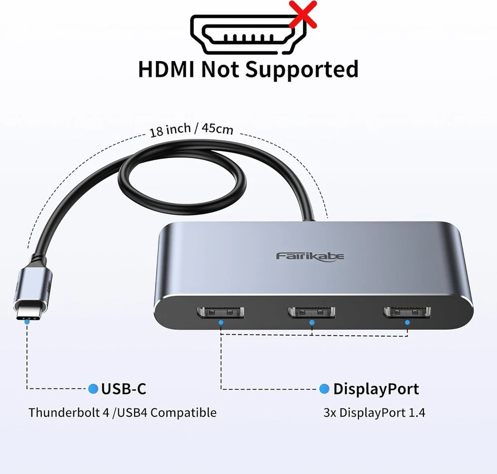 Usb-c šakotuvas su 3x Displayport 1.4, 4k@60hz