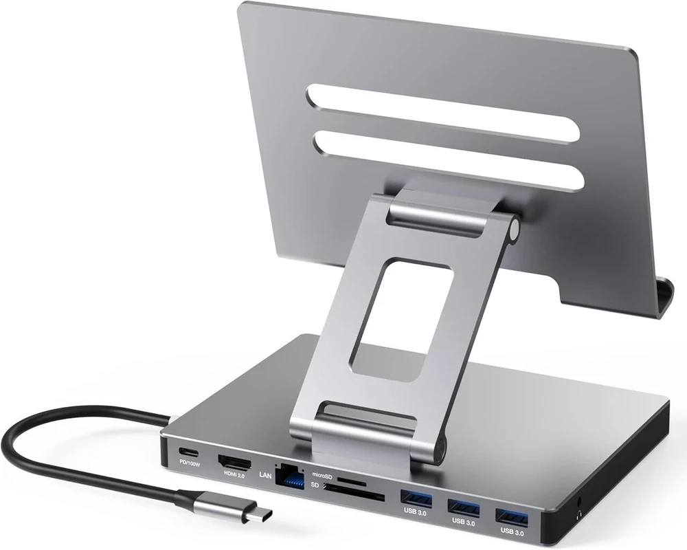 Usb c stovo tipo šakotuvas, 9-in-1 adapteris, skirtas ipad pro m4 m2 13 12.9 11 colių doko stotis sulankstoma su 4k 60hz hdmi, rj45 gigabit ethernet, sd/tf kortelių skaitytuvu, 3 usb 3.0, 3.5 mm audio, ipad air