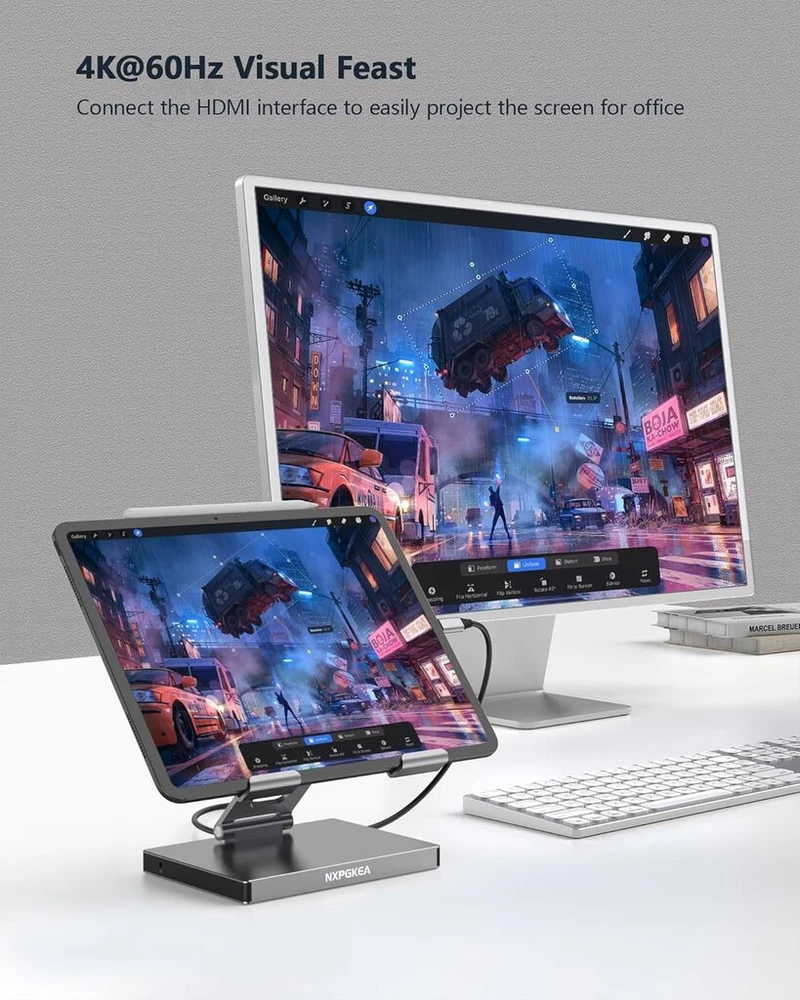 Usb c stovo tipo šakotuvas, 9-in-1 adapteris, skirtas ipad pro m4 m2 13 12.9 11 colių doko stotis sulankstoma su 4k 60hz hdmi, rj45 gigabit ethernet, sd/tf kortelių skaitytuvu, 3 usb 3.0, 3.5 mm audio, ipad air