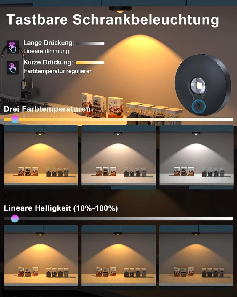 Usb įkraunamas led prožektorius su nuotolinio valdymo pulteliu, belaidis led apšvietimas vitrinoms su laikmačio funkcija, apšvietimas po spintele, spintelių apšvietimas, magnetinis šviestuvas su atminties funkcija (juodas, 6 vnt., 3