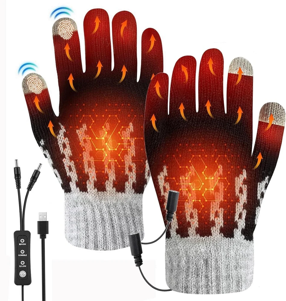 Usb šildomos pirštinės vyrams ir moterims, 3 lygių temperatūros šildomos pirštinės, jutiklinės pilno piršto elektrinės šildomos pirštinės, abiejų pusių šildomos megztos pirštinės
