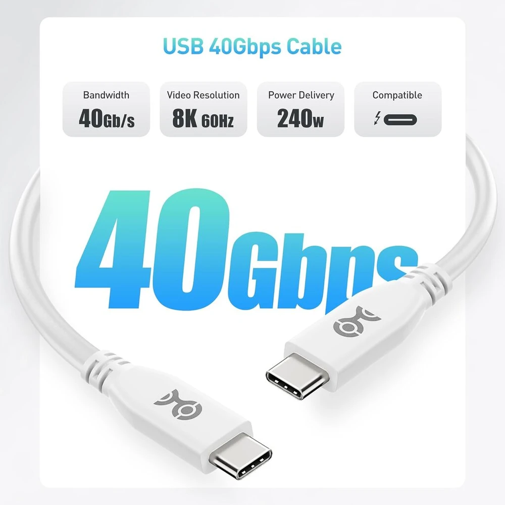 Usb4 kabelis 40gbps, 8k vaizdo, 240w įkrovimo, 0.8m, baltas