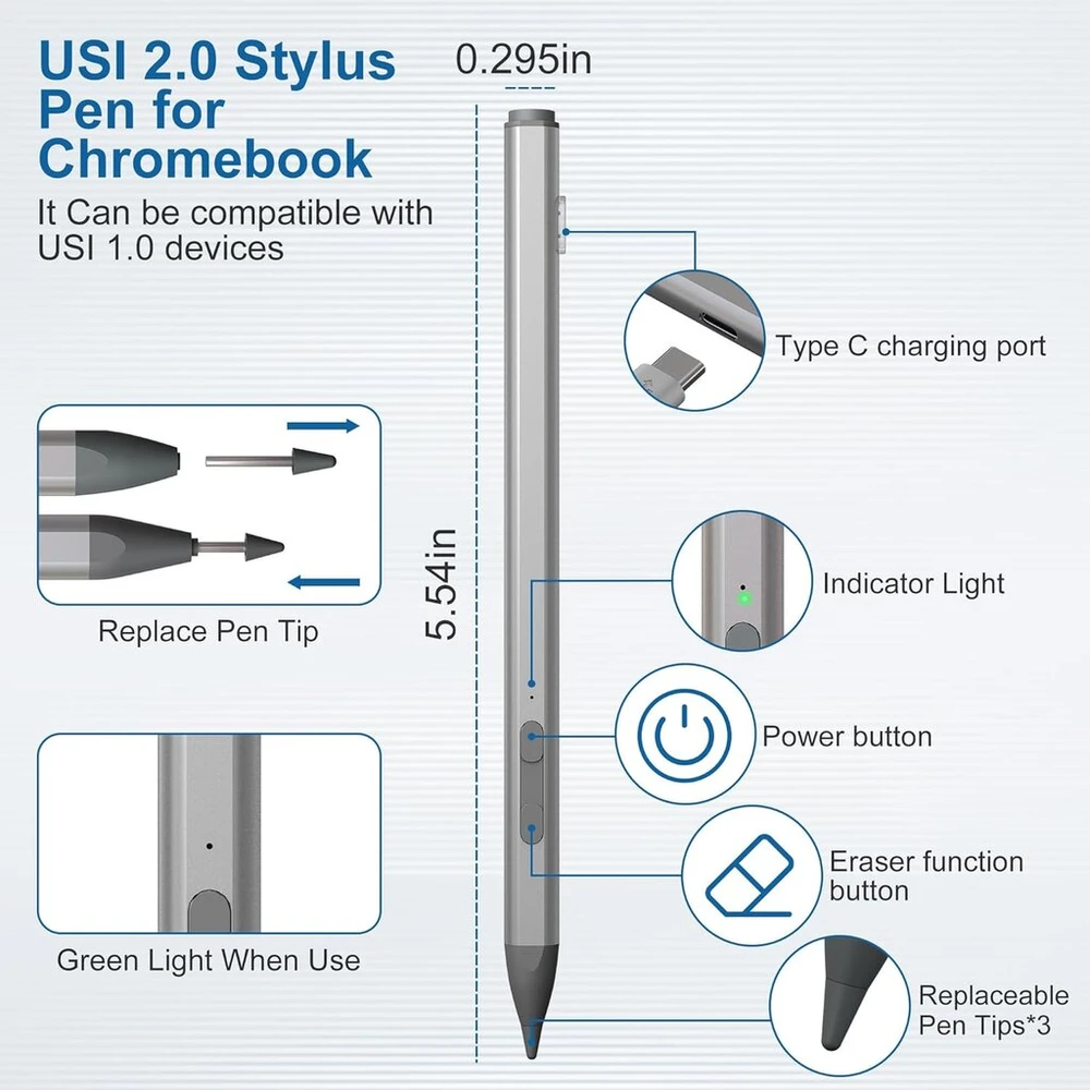 Usi 2.0 rašiklis, skirtas chromebook, 4096 jautrumo spaudimui chromebook rašiklis, skirtas amazon fire max 11, lenovo chromebook duet, acer chromebook spin314, hp, google pixel planšetiniam kompiuteriui