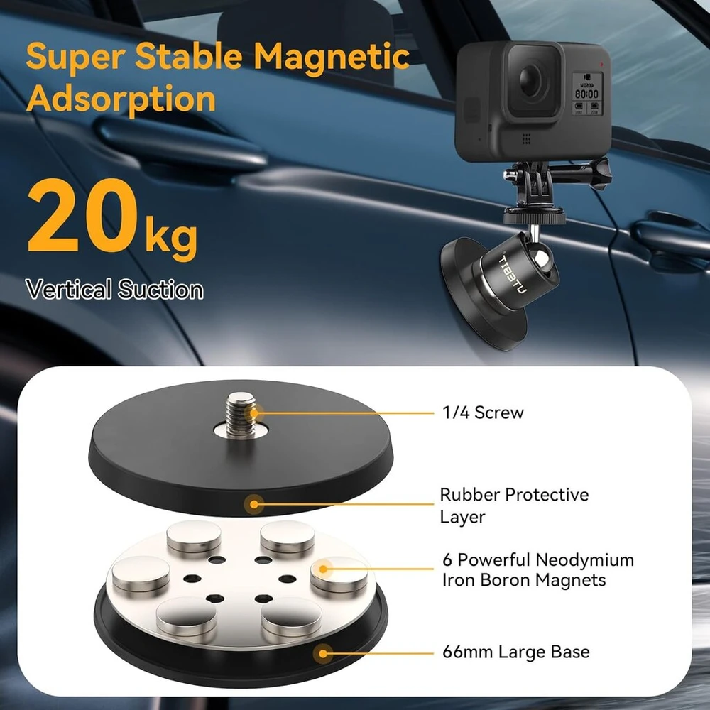 Utebit magnetinis kameros laikiklis su 360 laipsnių besisukančia galvute, super magnetinis 66 mm magnetinis pagrindas su išmaniojo telefono laikikliu, aliuminio lydinio ir gumos danga, vertikali apkrova 20 kg