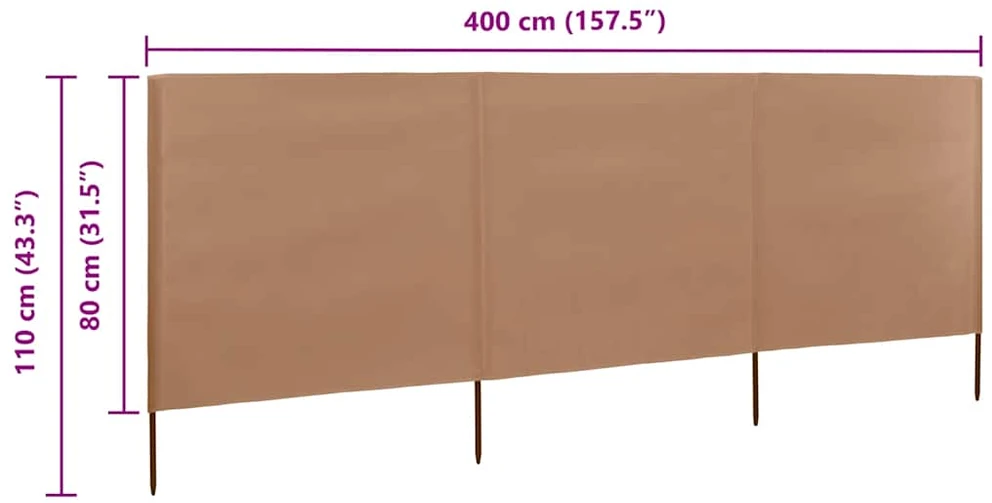 Uždanga nuo vėjo, 3 plokštės, taupe spalvos, 400x80cm, audinys
