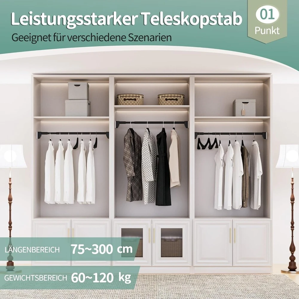 Užuolaidų strypas su siurbtukais, teleskopinis strypas be gręžimo užuolaidoms, apkrovos talpa 120 kg, 75–120 cm ilgis, 33 mm skersmuo, stiprus sukibimas su plytelėmis/keramika, vonios kambariui ir drabužių spintai, juodas