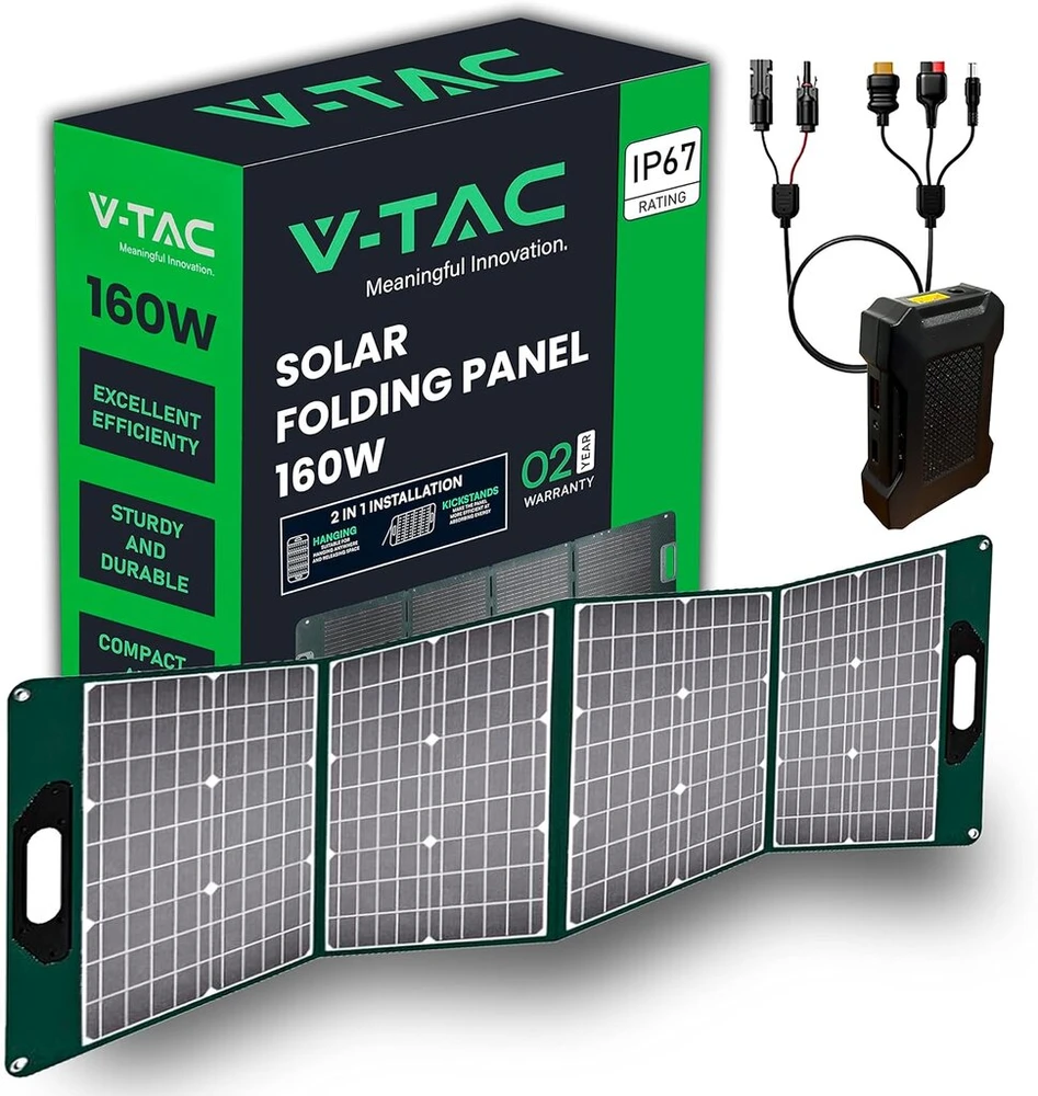 V-tac fotovoltinė saulės baterija, nešiojama, sulankstoma, universali 160w monokristalinė įkroviklio maitinimo stotis, saulės kabelis ir Xt60+dc prievadas, Usb-a ir Type-c prievadai, atspari vandeniui Ip67