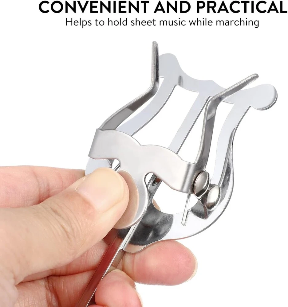 Vaguelly marširavimo šakė trombonui, metalinis marširuojančios muzikos laikiklis, priedas prie piltuvo, pučiamasis instrumentas, muzikos knygos spaustukas, sidabrinis