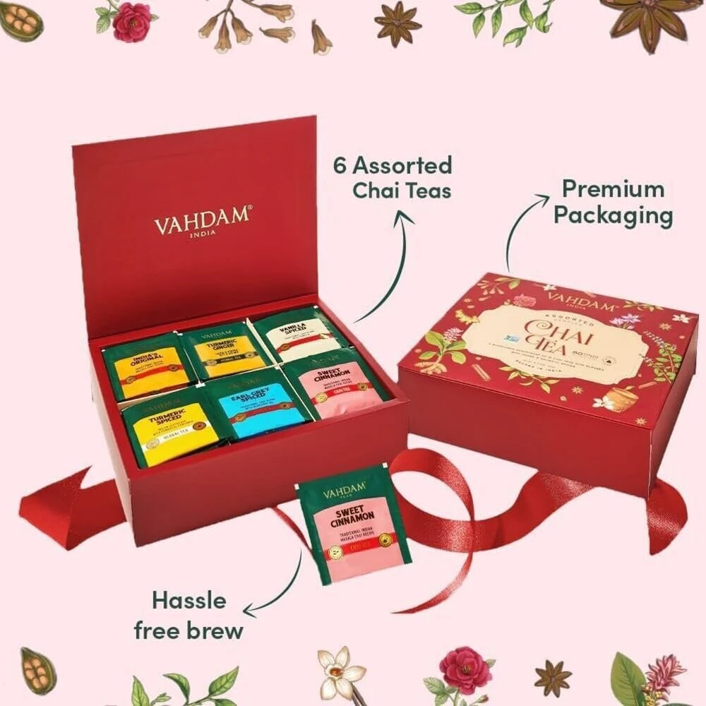 Vahdam, chai arbatos rinkinys (6 skoniai, 36 arbatos pakeliai) | indiškos masala chai arbatos mišiniai | ilgų lapelių piramidės formos arbatos pakelių rinkinys | dovanos moterims / vyrams