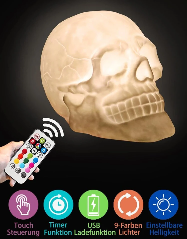 Vaikiška naktinė lemputė, usb įkraunama spalvinga kaukolės galvos pliaukštelėjimo lempa su nuotolinio valdymo naktine lempute, halloween led kaukolės šviesos baro stalo dekoracijos šauni gimtadienio staigmena dekoratyvinė dovana