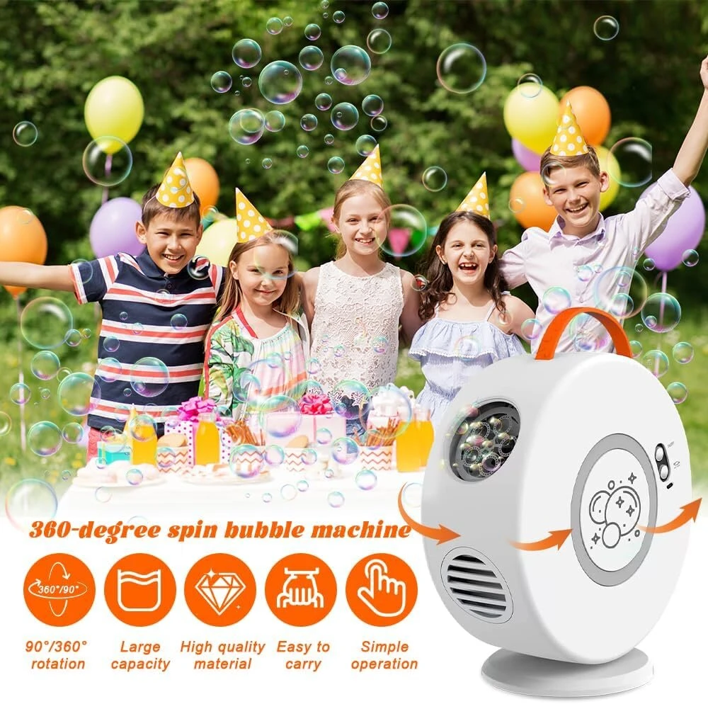 Vaikiškas burbulų pūtiklis, įkraunamas burbulų pūtiklis su led lemputėmis, automatinis besisukantis 90°/360° nešiojamas burbulų pūtiklis su 500 ml talpa, skirtas laukui ir vakarėliams (baltas)