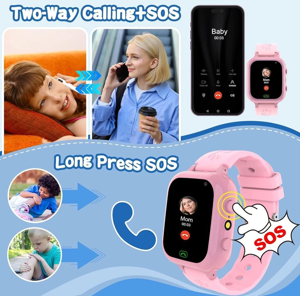 Vaikiškas išmanusis laikrodis su telefono sim, sms, 25 žaidimais, sos, kamera, žadintuvu, muzika, pedometru, žibintuvėliu, skaitikliu, rašymo funkcija, vaikiškas laikrodis berniukams ir mergaitėms 4-12 metų, dovana studentams (rožinis)