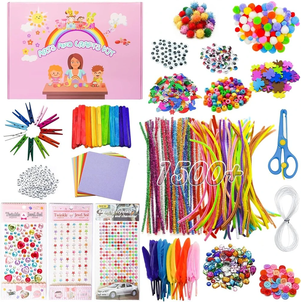 Vaikiškas kūrybinis rinkinys, 1500+ detalių "pasidaryk pats" kūrybos dėklas, kūrybiniai kūrybos priedai, blizgantys pūkai, scrapbooking'as, plunksnos, sagos, blizgučiai, pūkuoti laidai, karoliukai ir kt. kūrybos reikmenų rinkinys mažyliams