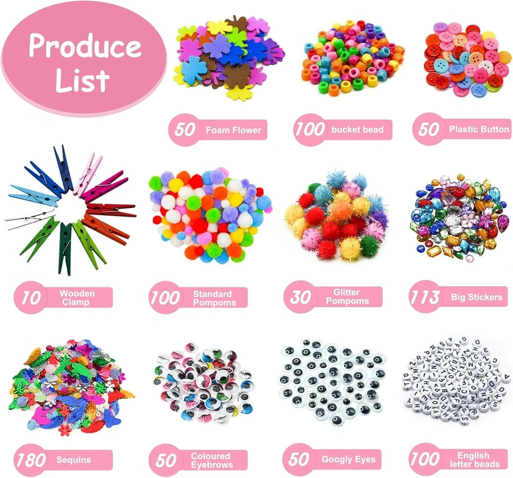 Vaikiškas kūrybinis rinkinys, 1500+ detalių "pasidaryk pats" kūrybos dėklas, kūrybiniai kūrybos priedai, blizgantys pūkai, scrapbooking'as, plunksnos, sagos, blizgučiai, pūkuoti laidai, karoliukai ir kt. kūrybos reikmenų rinkinys mažyliams