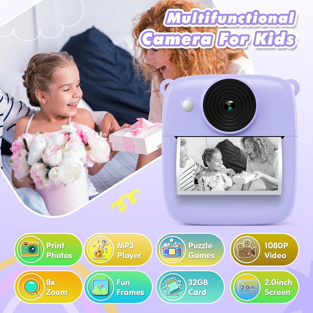 Vaikų momentinių nuotraukų kamera su 32gb kortele ir spausdinimo popieriumi (violetinė)