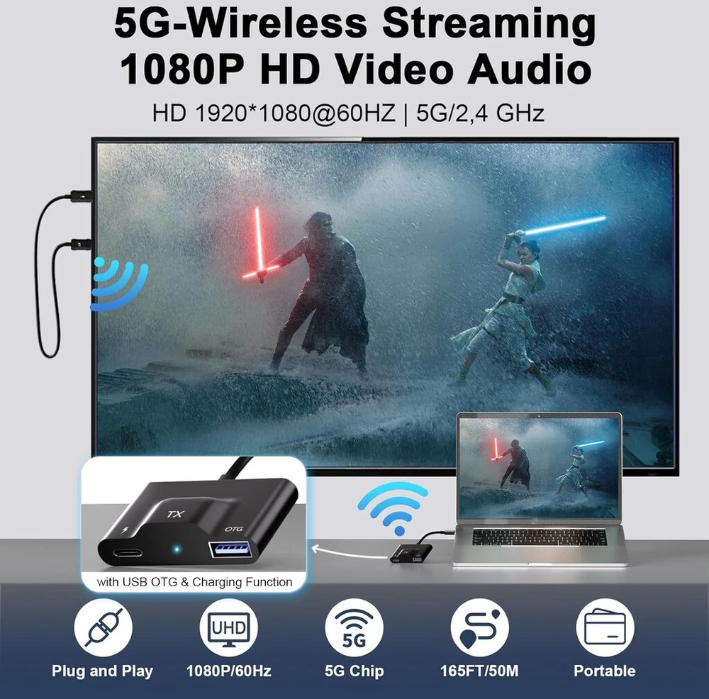 Vaizdo grotuvas Anytrox belaidis hdmi siųstuvas ir imtuvas, usb c į hdmi belaidis siųstuvas ir imtuvas, 1080p belaidis ekrano plėtiklis vaizdo/garso srautiniam perdavimui iš telefono/planšetinio kompiuterio/nešiojamojo kompiuterio į televizorių, projektorių, monitorių