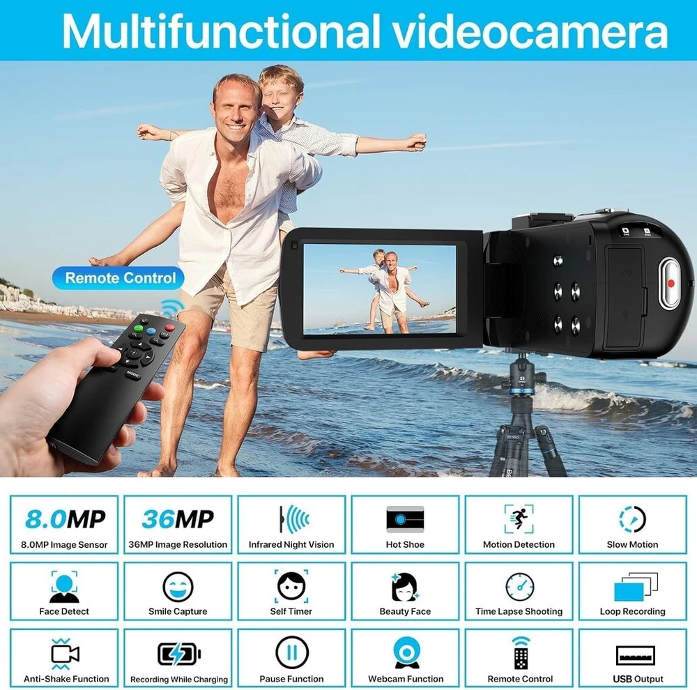 Vaizdo kamera 1080p 30fps 36mp tinklaraščių kamera, skirta „youtube“, skaitmeninė vaizdo kamera su Ir naktiniu matymu, 3,0 colių Ips ekranas, 16x skaitmeninis priartinimas, skaitmeninis fotoaparatas su nuotolinio valdymo pulteliu, 2