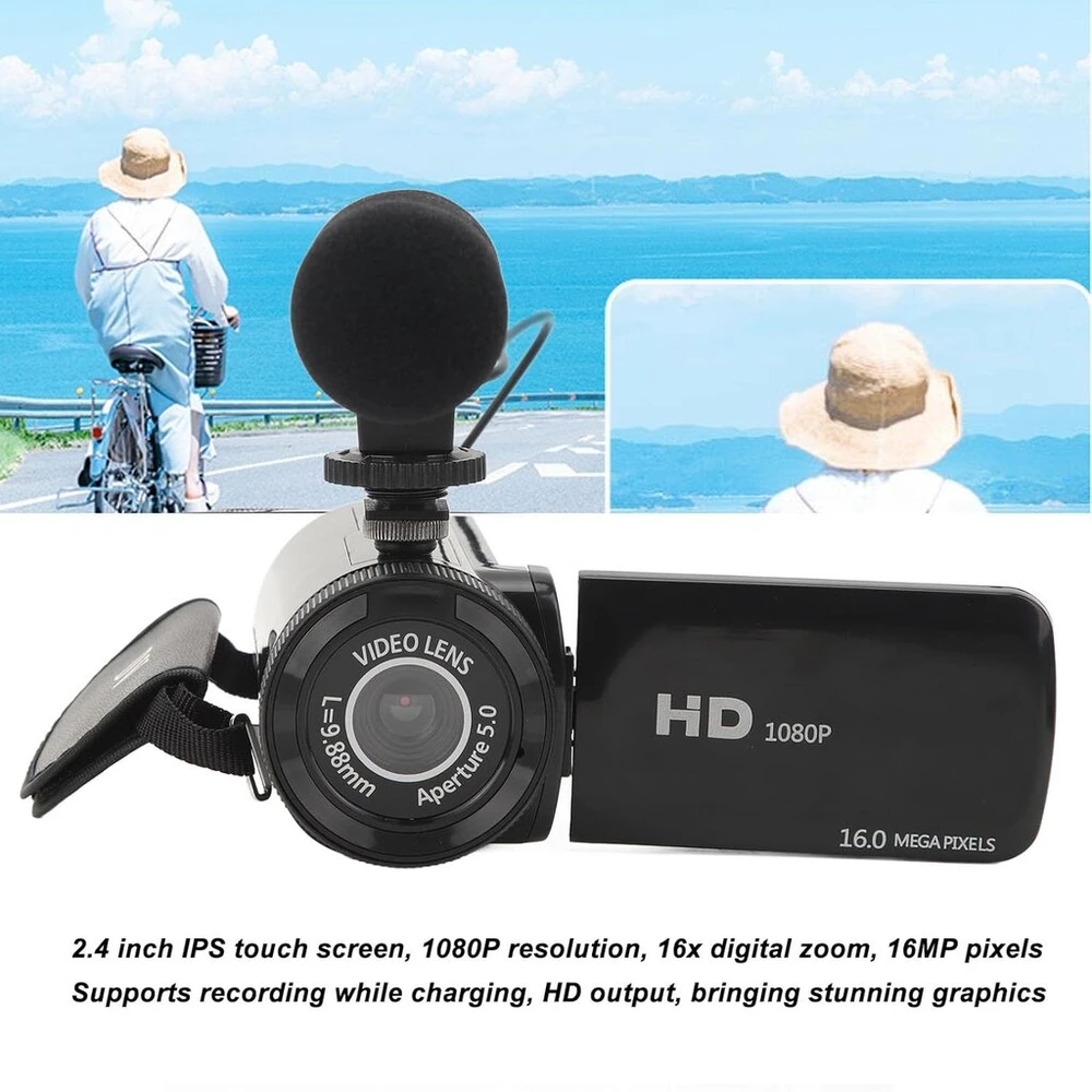 Vaizdo kamera, Full Hd 1080p vlogų kamera su 2,4 colių Ips jutikliniu ekranu, 16x priartinimas, 16mp skaitmeninė vaizdo kamera su papildomu apšvietimu, skirta „youtube“