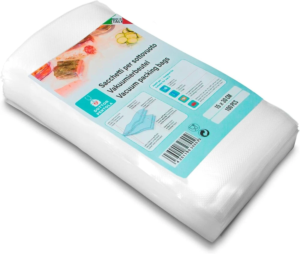 Vakuuminiai maisto maišeliai - itin tvirti - tinka visiems vakuuminiams aparatams - 15 cm x 30 cm - 100 vnt. pakuotė - skaidrūs - kepimui ir šaldymui