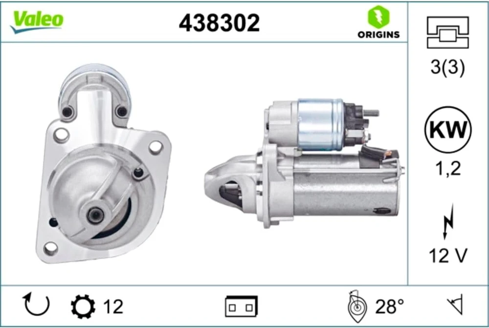 Valeo 438302 starteris, nominali galia: 1.2 kw, stop & start: ne, dantų skaičius: 12, įtampa: 12 v, sukimosi kryptis: pagal laikrodžio rodyklę