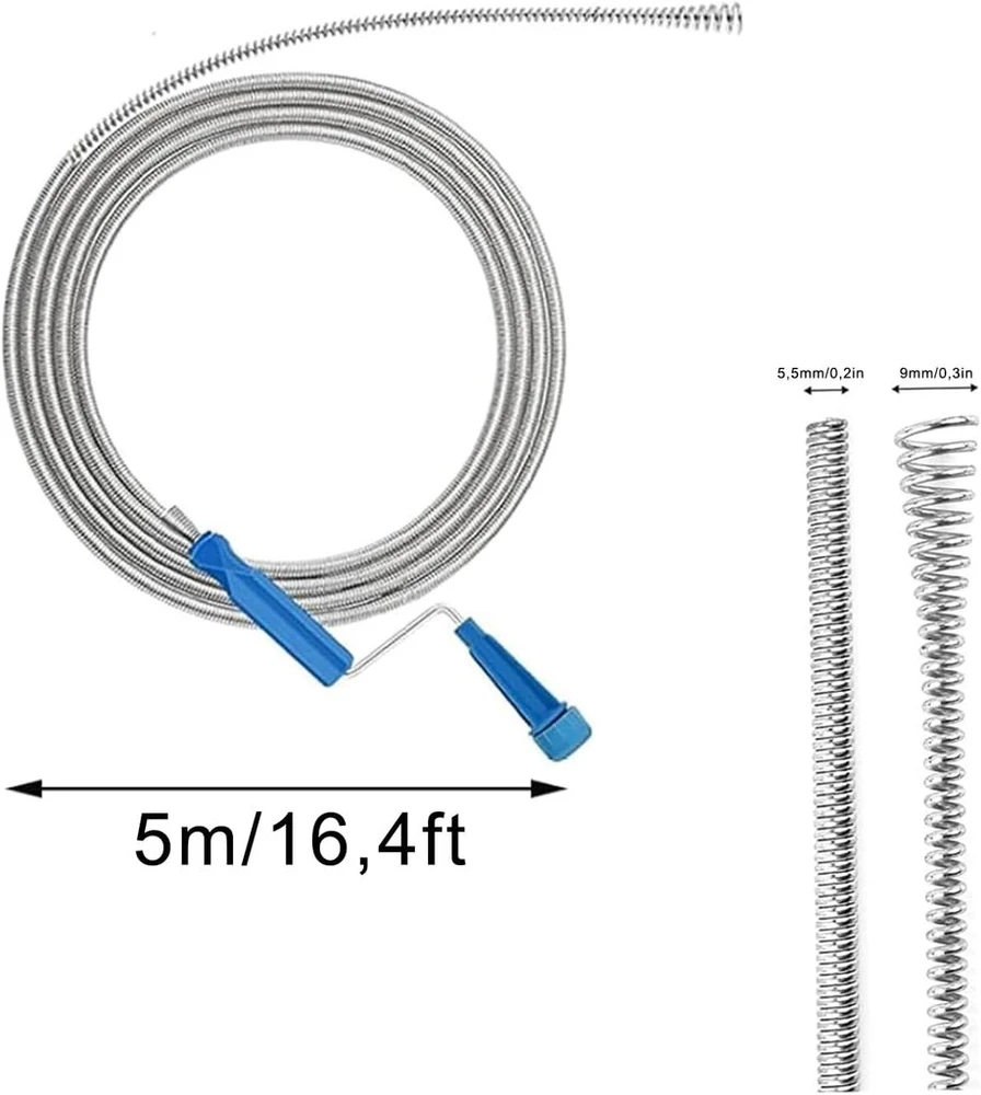 Valymo spiralė vamzdžiams, 5 m × 5,5 mm spiralė kanalizacijai su grąžto antgaliu, kriauklei, voniai, tualetui