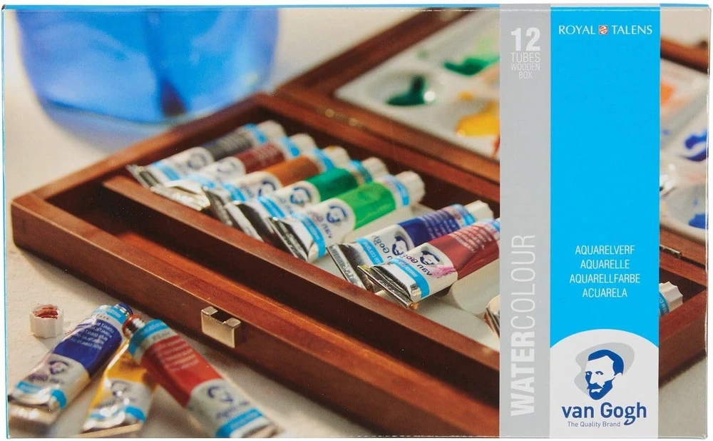 Van Gogh akvarelinių dažų rinkinys medinėje dėžutėje, 12 tūbelių + 3 priedai