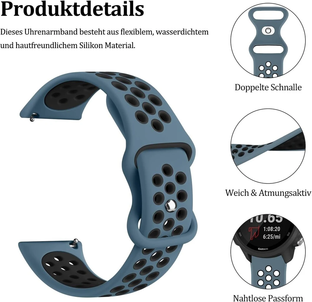 Vancle laikrodžio dirželis 22 mm vyrams moterims, vandeniui atsparus silikoninis dirželis 22 mm, išmaniųjų laikrodžių priedai, dviejų atspalvių kvėpuojanti apyrankė vyrams moterims