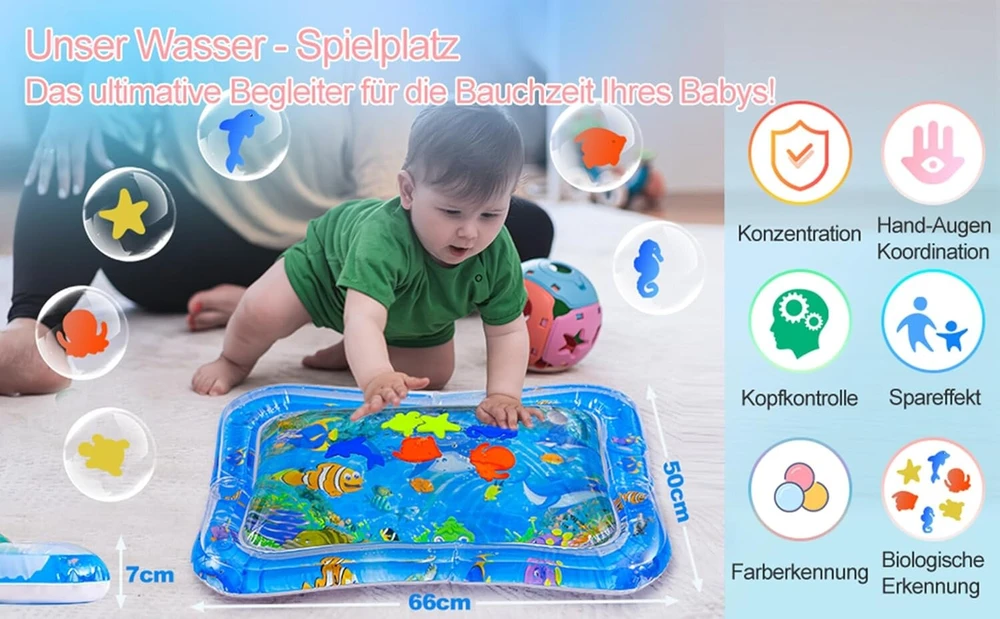 Vandens kilimėlis kūdikiams be Bpa I Encovy vandens žaidimų kilimėlis Aqua Mat Vanduo Baby I pripučiamas pilvo laiko kilimėlis kūdikiams nuo 3, 6, 9 mėnesių I žaislinis kilimėlis pilvo padėčiai, užpildomas kilimėlis, 66 x 50 cm
