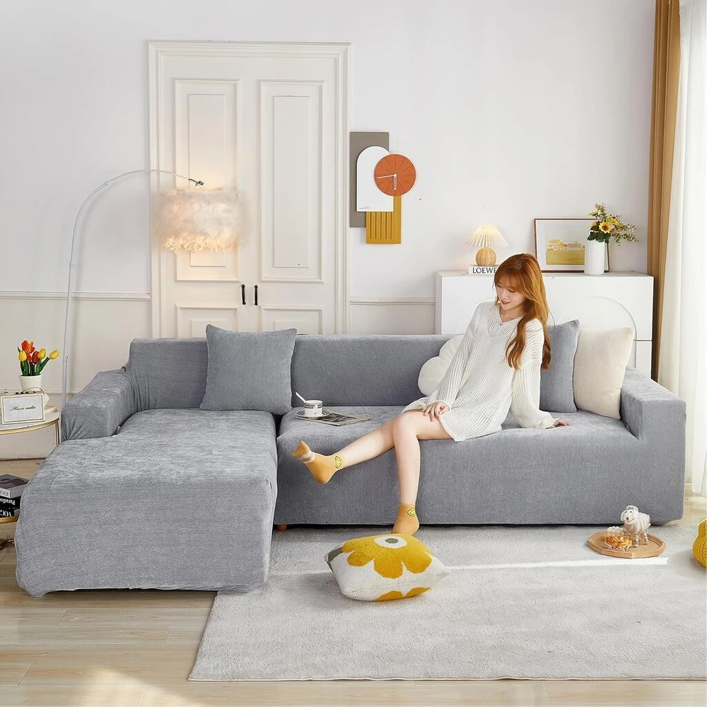Vanderhome labai tampri sofos užvalkalas modernus sofos užtiesalas šenilinės tekstūros elastinis sofos užvalkalas svetainei apsauga nuo šunų naminių gyvūnų (2 vietų + 1 pagalvėlės užvalkalas, pilkas)