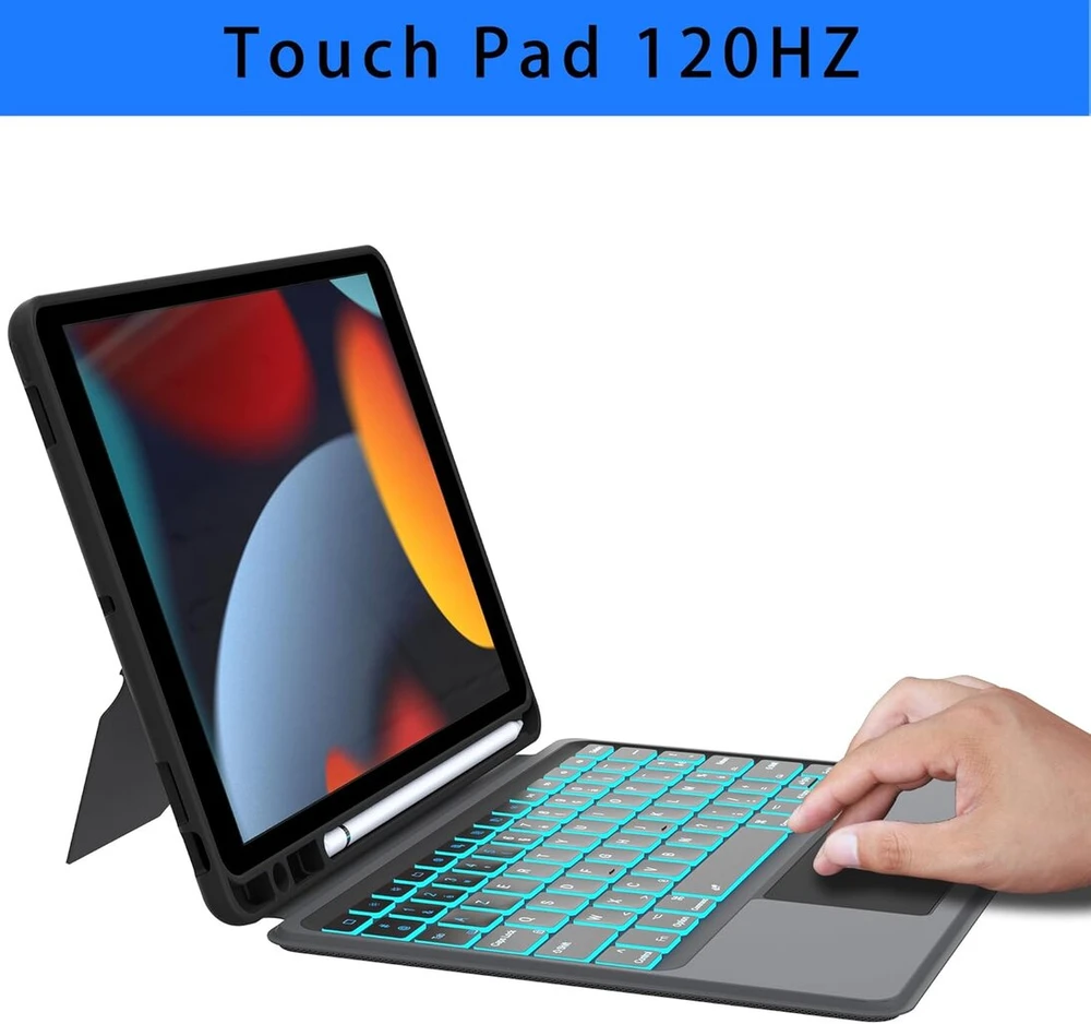 Vankeypad klaviatūros dėklas, skirtas ipad 9th 2021/8th 2020/7th 2019th generation 10.2 colių/air 3/ipad pro 10.5: nuimamas 7 spalvų apšviestas klaviatūros dėklas, azerty klaviatūra su jutikliniu kilimėliu