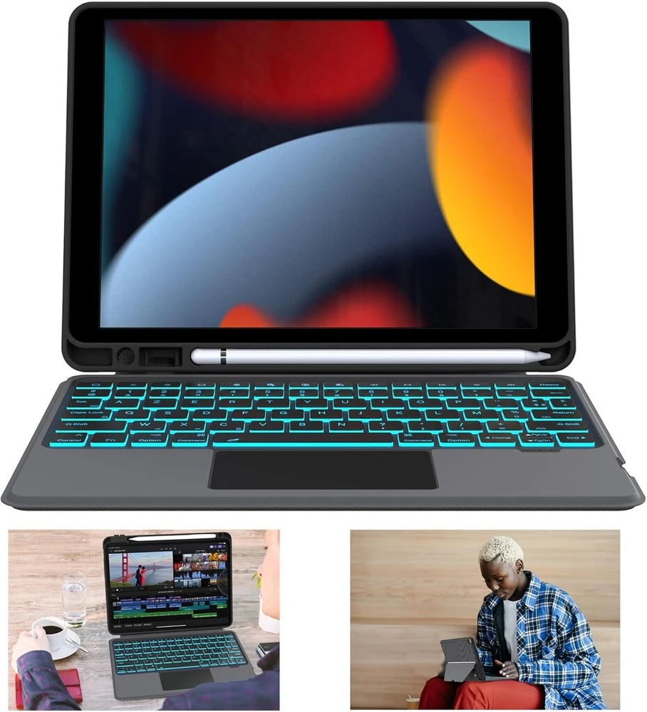 Vankeypad klaviatūros dėklas, skirtas ipad 9th 2021/8th 2020/7th 2019th generation 10.2 colių/air 3/ipad pro 10.5: nuimamas 7 spalvų apšviestas klaviatūros dėklas, azerty klaviatūra su jutikliniu kilimėliu