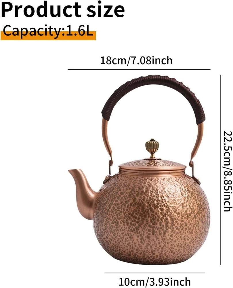 Vario virdulys, rankų darbo varinis arbatinukas, 1600 ml virdulys, arbatinukas su neslystančia rankena elektrinėms viryklėms, dujinėms viryklėms, arbatinukas su filtro skylutėmis ir graviravimu