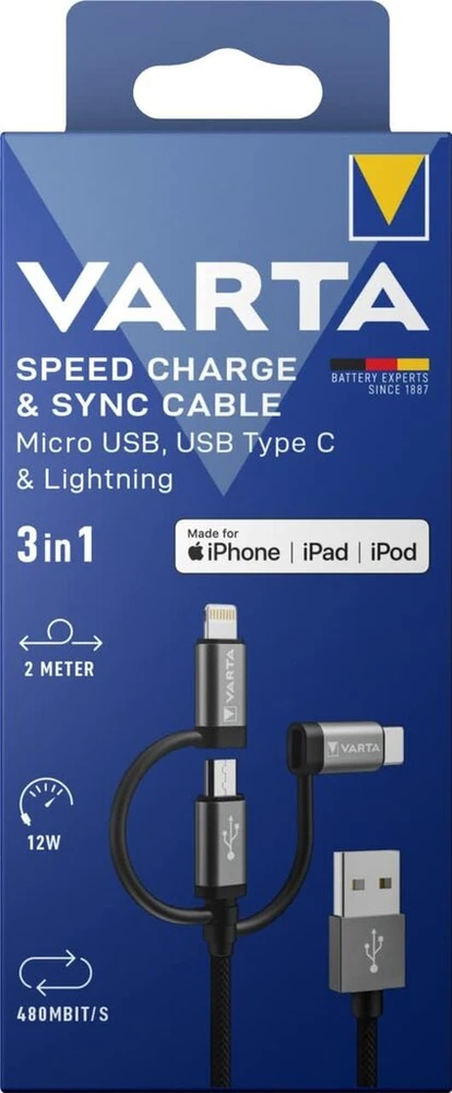 Varta 3-in-1 kabelis Usb A į Micro Usb, Usb Type C, Lightning, greitas įkrovimas ir sinchronizavimas, Mfi, įkrovimo kabelis maitinimui ir duomenų perdavimui, 2 m, juodas, nailonas