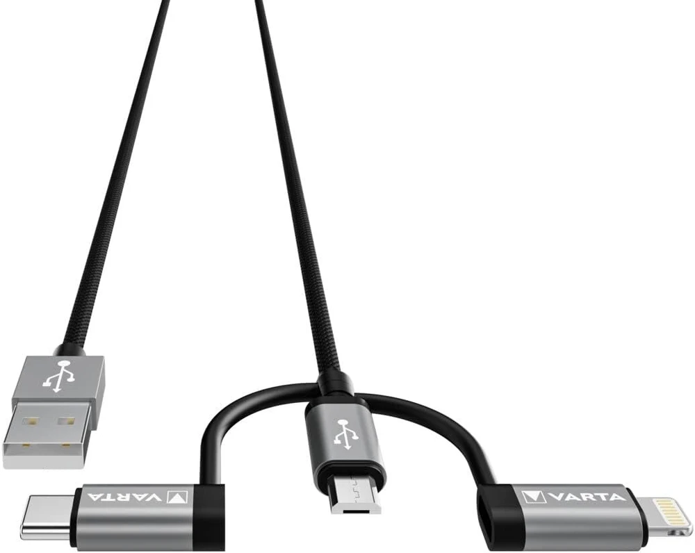 Varta 3-in-1 kabelis Usb A į Micro Usb, Usb Type C, Lightning, greitas įkrovimas ir sinchronizavimas, Mfi, įkrovimo kabelis maitinimui ir duomenų perdavimui, 2 m, juodas, nailonas