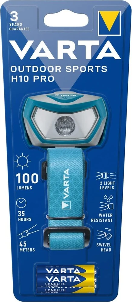 Varta Outdoor Sports H10 Pro Led galvos žibintas su 3 x Aaa baterijomis, dviem šviesos režimais, atsparus purslams, pritemdymo funkcija, su pasukama galvute, mėlynas