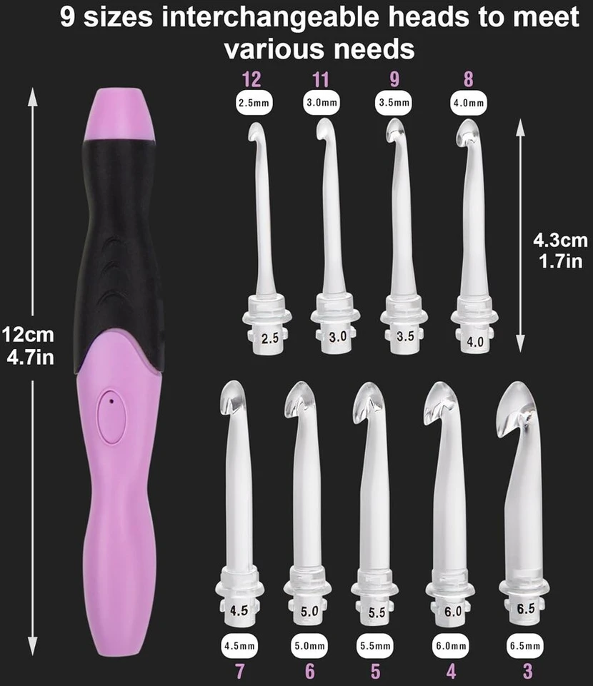 Vąšelių rinkinys su dėklu, ergonomiški įkraunami led apšviesti vąšeliai, 9 keičiamų galvučių rinkiniai, 34 vnt. vąšelių dėkle - mezgimo virbalai audimo siūlų siuvimo amatas (violetinė)