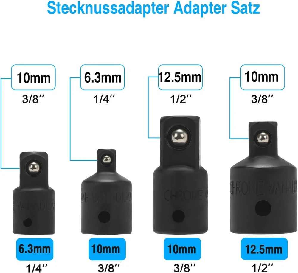 Vastools universalios jungties rinkinys 6,3 mm (1/4), 10 mm (3/8), 12,5 mm (1/2), terkšlės adapterių rinkinys nuo 1/4 colio iki 3/8 colio, nuo 3/8 colio iki 1/4 colio, nuo 3/8 colio iki 1/2 colio, nuo 1/2 colio iki 3/8 colio terkšlėms, galvutėms