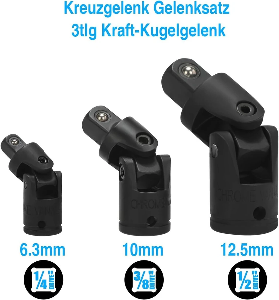 Vastools universalios jungties rinkinys 6,3 mm (1/4), 10 mm (3/8), 12,5 mm (1/2), terkšlės adapterių rinkinys nuo 1/4 colio iki 3/8 colio, nuo 3/8 colio iki 1/4 colio, nuo 3/8 colio iki 1/2 colio, nuo 1/2 colio iki 3/8 colio terkšlėms, galvutėms