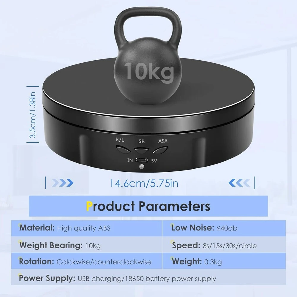 Objektyvas Vayotoy Elektrinis Pasukamas Stalas, 360 Laipsnių Pasukamas Stalas, Elektrinis 6 Colių/14.6 cm, 10 kg, Mažas Elektrinis Pasukamas Stalas su 6 Fono Popieriais, Usb Įkrovimas Ekspozicijai ir Fotografijai (Ekspozicinė prekė)