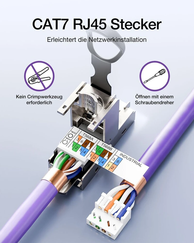 Vcelink Rj45 jungtis, daugkartinio naudojimo įrankių nereikalaujančios cat 7 jungtys, cat6a ekranuotos tinklo jungtys, skirtos 22–26awg ftp stp sftp utp kabeliui, 10 gbps 600 mhz, paauksuotos, 1 vnt.