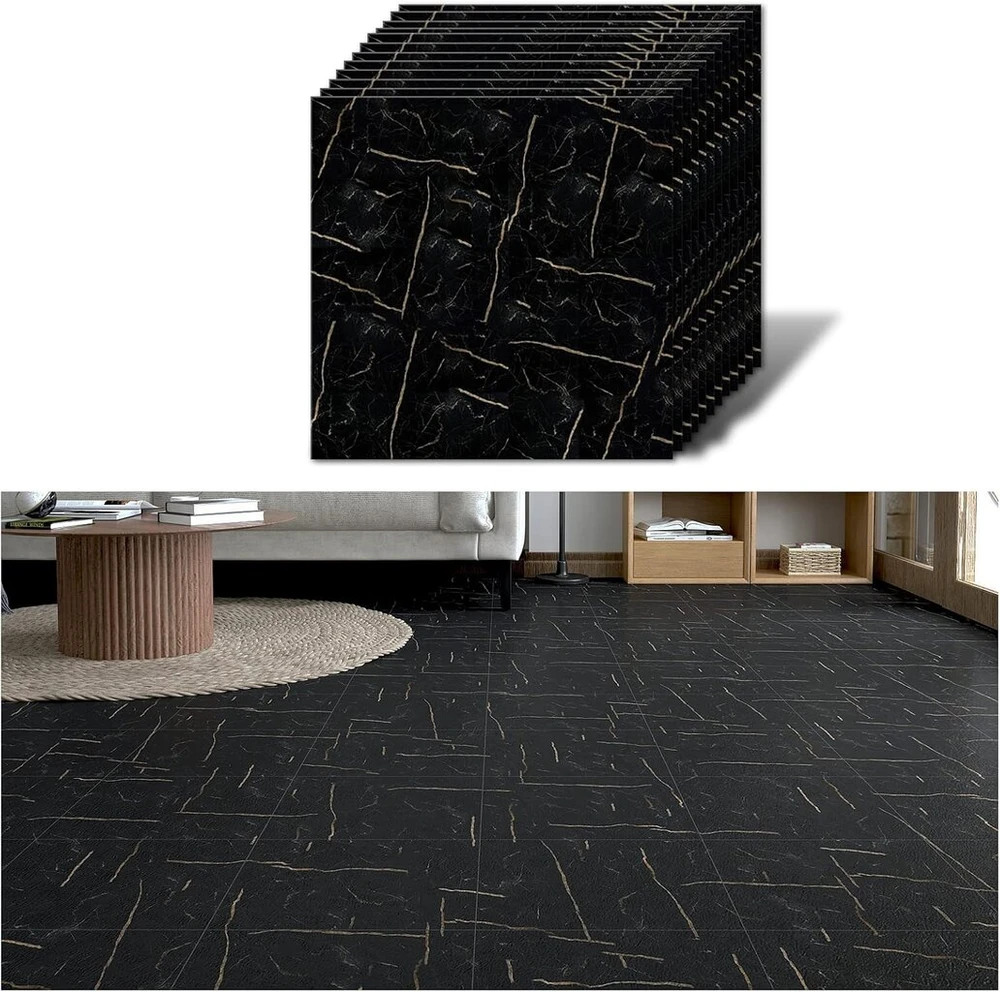 Veelike pvc grindų marmuro juodos vinilinės grindų dangos lipnios grindų plytelės pvc grindų virtuvės lipnios plytelės vonios grindų plytelių lipdukai grindų garažo miegamojo 1,5 mm 30 cm x 30 cm 12 vienetų