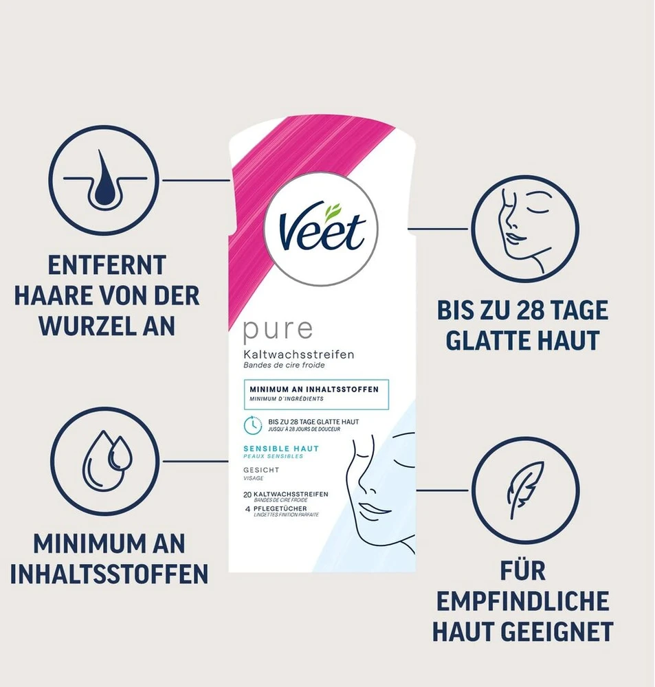 Veet šaltojo vaško juostelės su easy-gelwax technologija veidui – tinka jautriai odai – iki 28 dienų glotni oda – 10 dvigubų juostelių