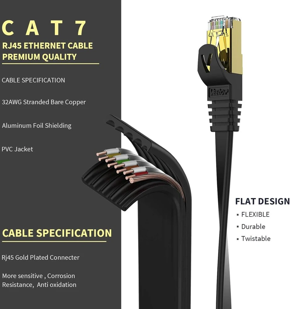 Veetop Rj45 Cat 7 Lan kabelis, plokščias 10 Gbps tinklo kabelis, interneto, ethernet, patch kabelis su paauksuotais kontaktais, juodas