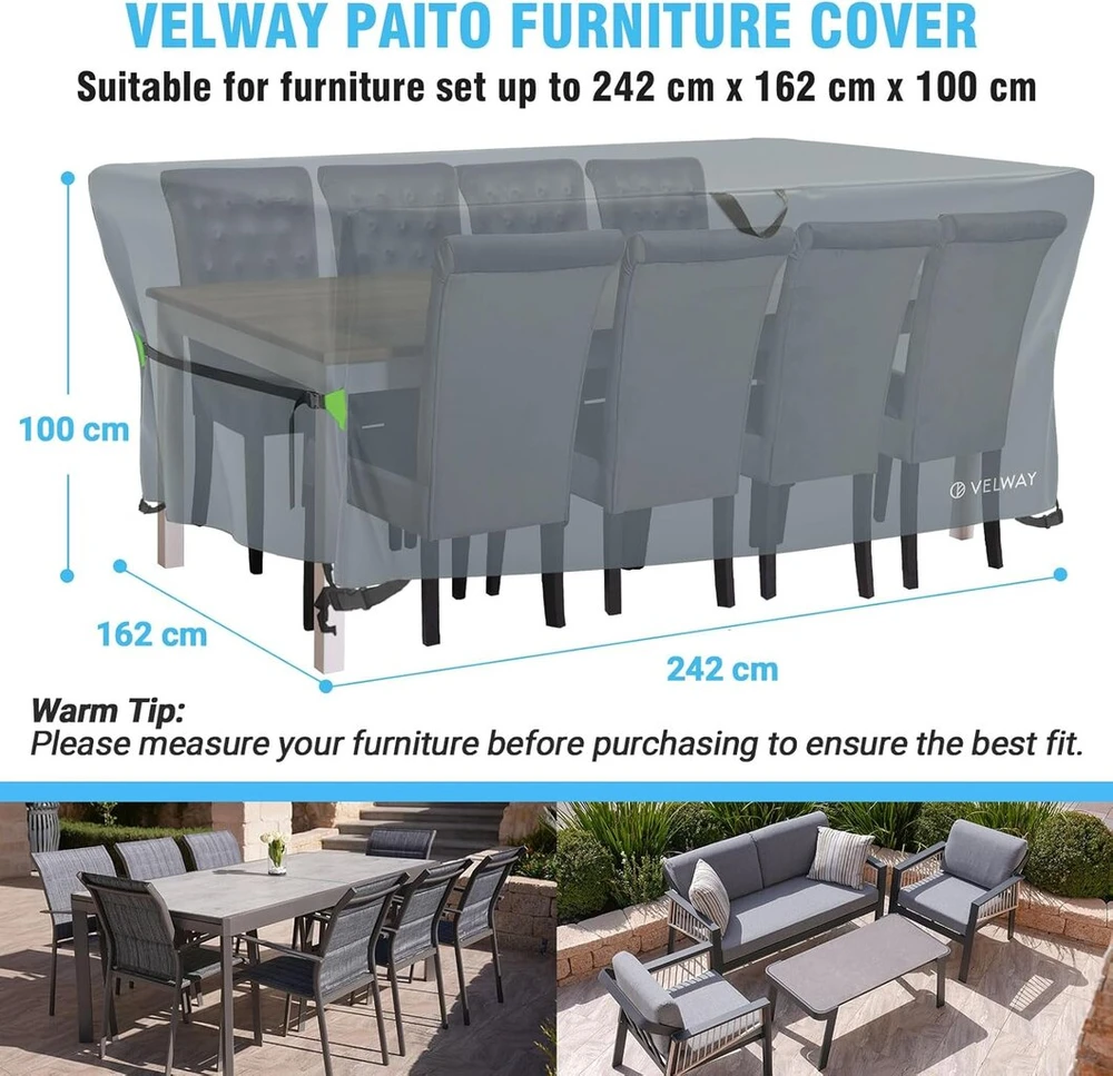 Velway uždangalas sodo baldams, atsparus vandeniui – 242 x 162 x 100 cm stačiakampis apsauginis uždangalas, atsparus vėjui, skirtas lauko baldams, sodo stalams, sėdimų vietų grupėms, terasos baldams, pilkas