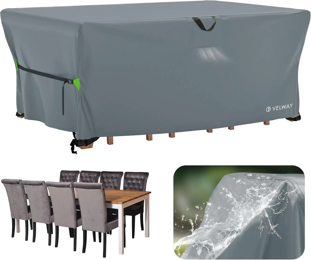 Velway uždangalas sodo baldams, atsparus vandeniui – 242 x 162 x 100 cm stačiakampis apsauginis uždangalas, atsparus vėjui, skirtas lauko baldams, sodo stalams, sėdimų vietų grupėms, terasos baldams, pilkas