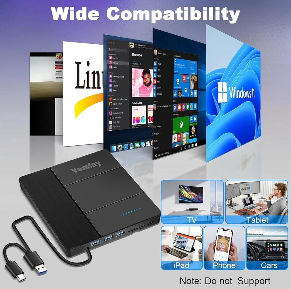 Vemfay išorinis dvd įrenginys, cd dvd rašytuvas, išorinis usb 3.0 type-c cd dvd +/-rw optinis įrenginys su sd/tf kortelių skaitytuvu, nešiojamas rw rašytuvas, įrenginio grotuvas, skirtas win11/10/8/7/xp, linux, mac os, vista