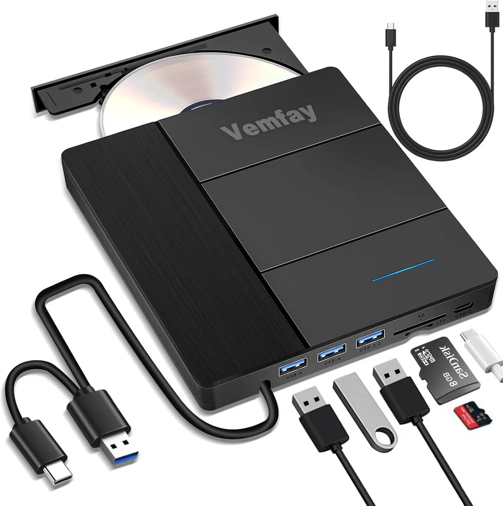Vemfay išorinis dvd įrenginys, cd dvd rašytuvas, išorinis usb 3.0 type-c cd dvd +/-rw optinis įrenginys su sd/tf kortelių skaitytuvu, nešiojamas rw rašytuvas, įrenginio grotuvas, skirtas win11/10/8/7/xp, linux, mac os, vista