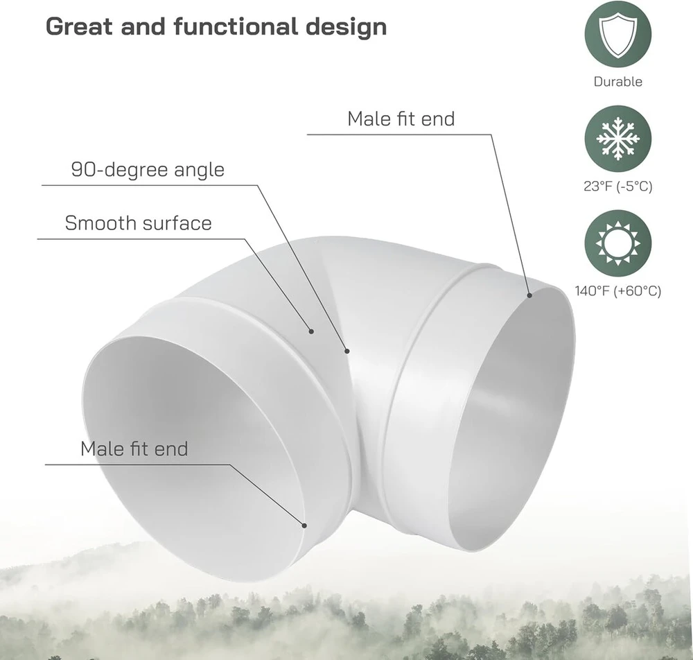 Vent Systems 125mm alkūnė 90 laipsnių vamzdžio jungtis lanksti apvalaus vamzdžio ventiliacijos žarna Abs plastikas 125mm
