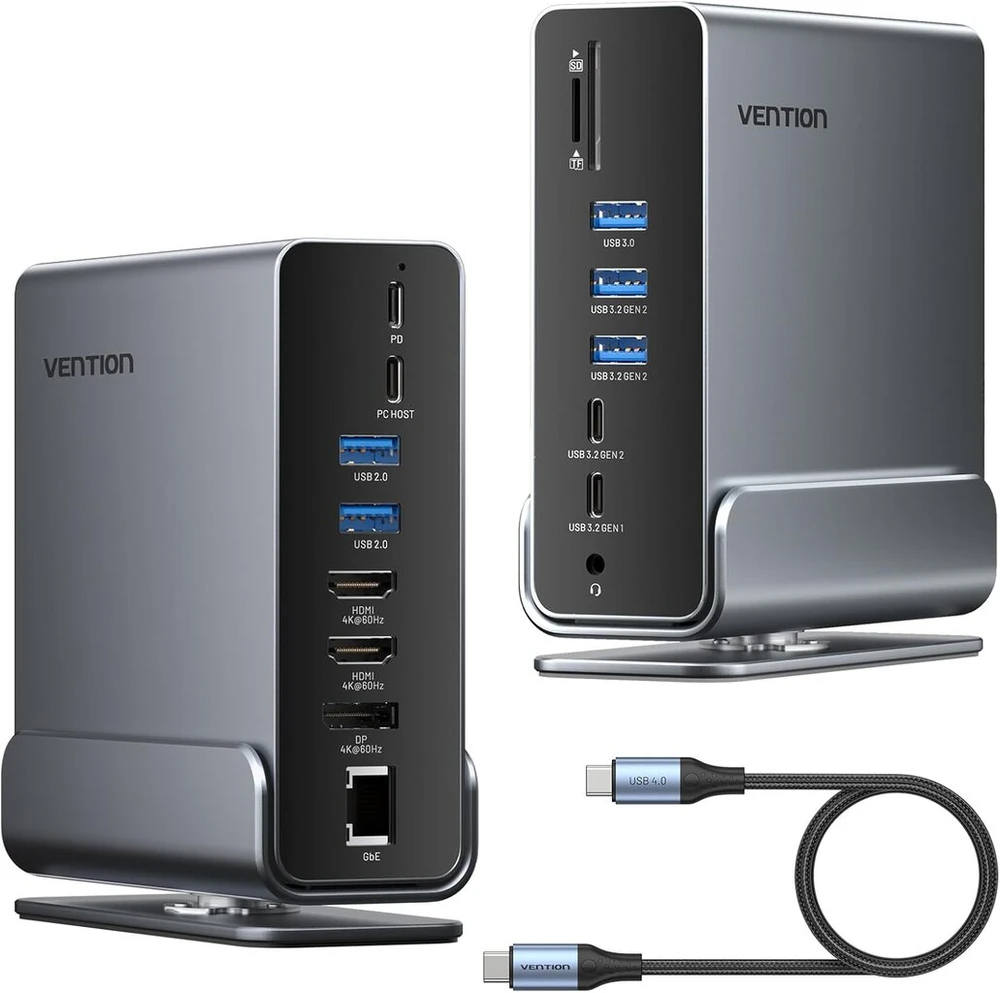 Vention Dvigubo monitoriaus dokas 16-in-1 trigubo ekrano Usb-c nešiojamojo kompiuterio dokas, skirtas Windows Pc, Thunderbolt 3/4, Dell, Hp, su dvigubu 4k Hdmi, Dp, 10 Gbps Usb, Rj45, 100 W Pd, Audio, Sd/tf