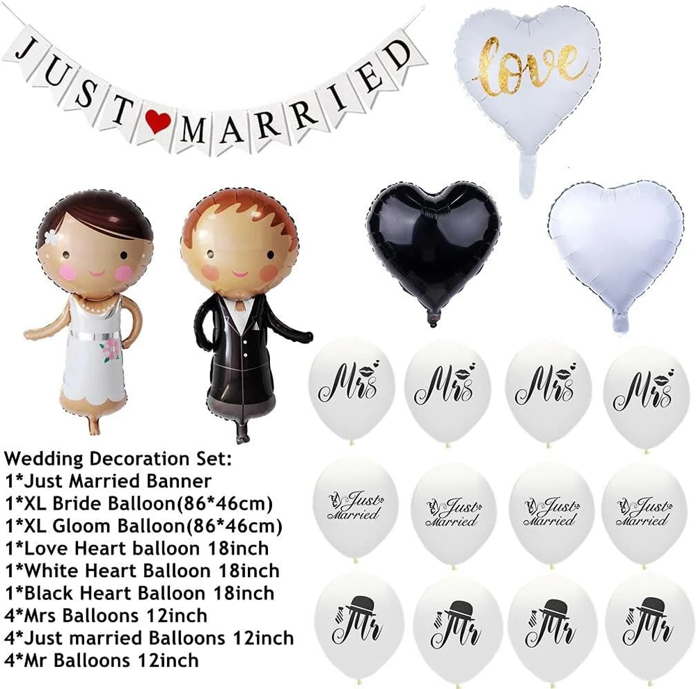 Vestuvių dekoracijų rinkinys "just Married", vestuvių dekoracija balta, balionai "just Married", foliniai balionai nuotaka ir jaunikis, girlianda "just Married" vestuvių sužadėtuvių vakarėlio dekoracija.